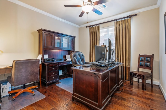 office space with ceiling fan, dark hardwood / wood-style flooring, and crown molding