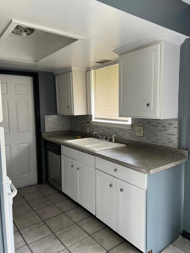 kitchen featuring white cabinets, decorative backsplash, stainless steel dishwasher, and sink