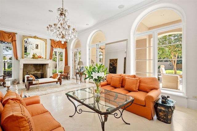 tiled living room featuring a high end fireplace, a chandelier, and crown molding