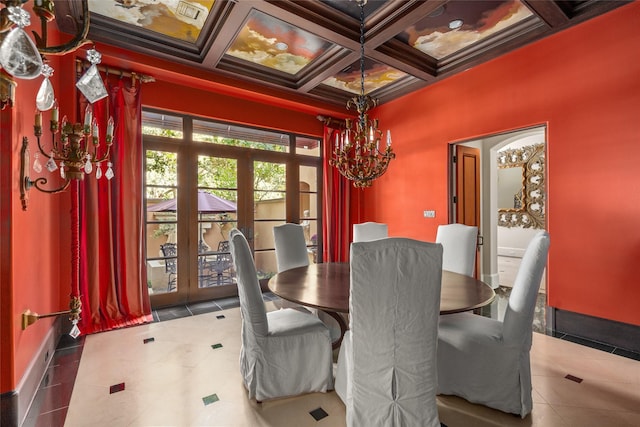 dining area with crown molding, tile patterned flooring, beamed ceiling, and coffered ceiling