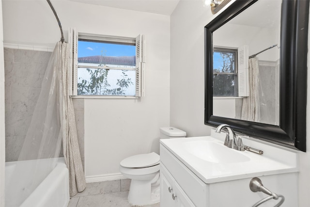 full bathroom with shower / bath combo with shower curtain, plenty of natural light, vanity, and tile patterned flooring