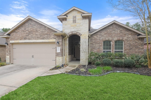 view of front facade with driveway, stone siding, a front yard, a garage, and brick siding