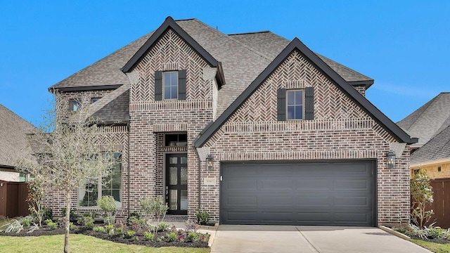 french country inspired facade featuring brick siding, concrete driveway, and a shingled roof