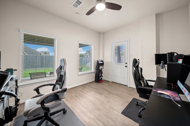 office area featuring ceiling fan and light hardwood / wood-style flooring