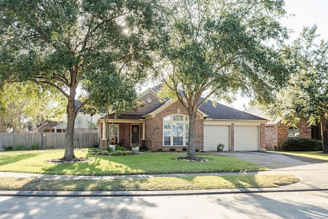 single story home featuring a garage and a front lawn