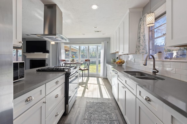 kitchen featuring ventilation hood, white cabinets, hanging light fixtures, sink, and appliances with stainless steel finishes