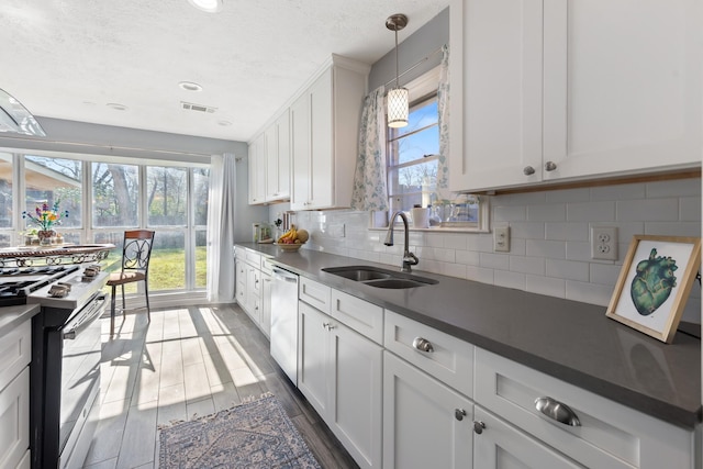 kitchen with sink, hanging light fixtures, a wealth of natural light, white cabinetry, and stainless steel appliances