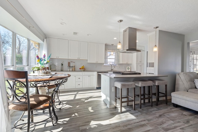 kitchen with white cabinets, sink, hanging light fixtures, appliances with stainless steel finishes, and island range hood