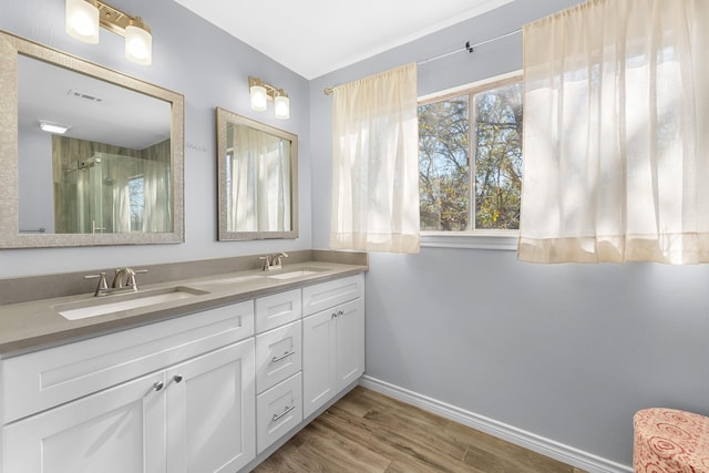 bathroom with hardwood / wood-style flooring and vanity