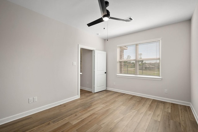 unfurnished bedroom featuring ceiling fan and light hardwood / wood-style flooring