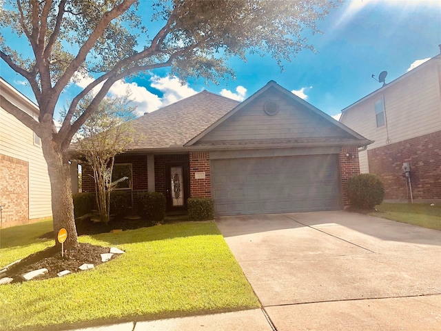 single story home featuring a garage and a front yard