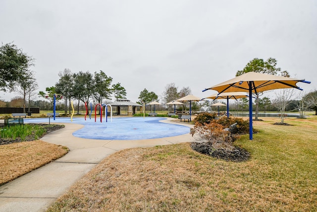 view of swimming pool with a playground, a gazebo, and a yard