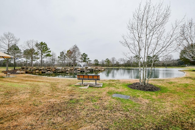 exterior space with a water view