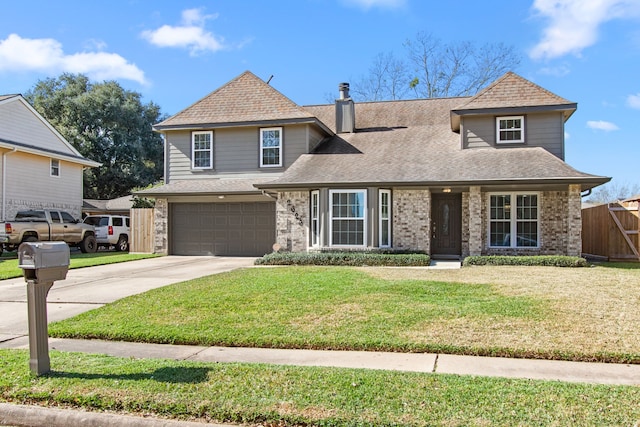 view of property featuring a garage and a front yard