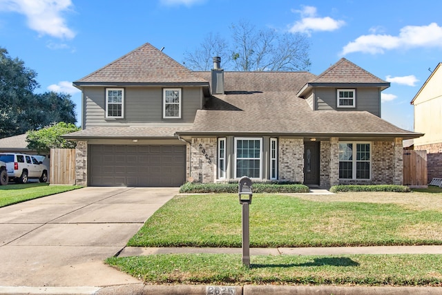 view of front of home with a front yard and a garage