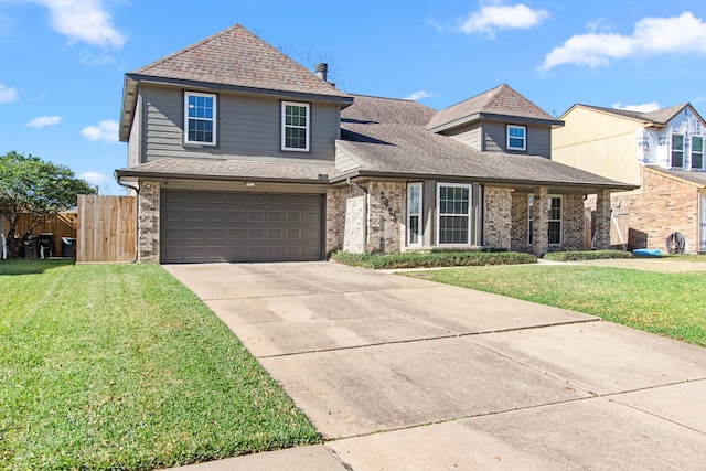 front facade with a garage and a front lawn