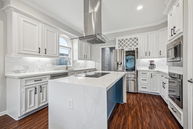 kitchen featuring a center island, white cabinets, sink, island range hood, and stainless steel appliances