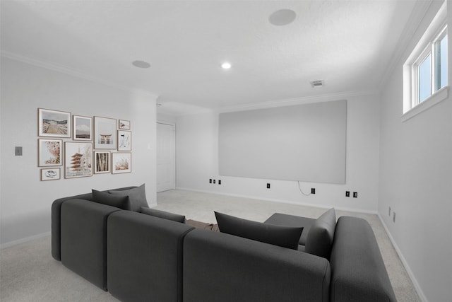 living room with light carpet and crown molding