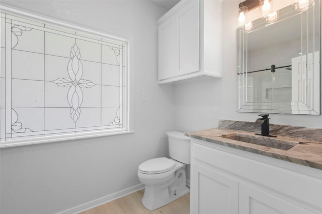 bathroom featuring vanity, hardwood / wood-style flooring, toilet, and walk in shower