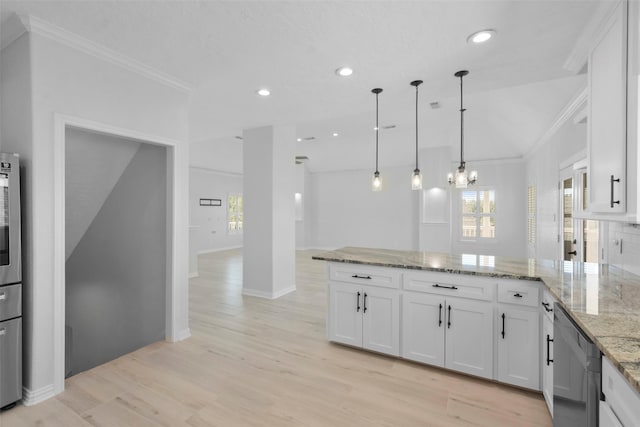 kitchen with a wealth of natural light, light stone countertops, hanging light fixtures, stainless steel dishwasher, and white cabinets