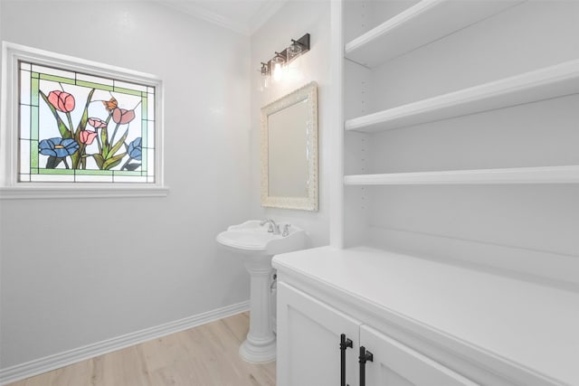 bathroom with hardwood / wood-style flooring, crown molding, and sink