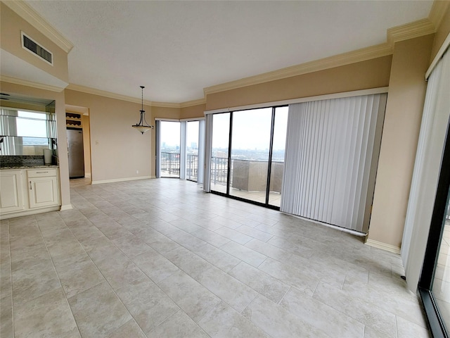 unfurnished living room featuring crown molding and light tile patterned flooring