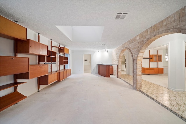 interior space with light carpet, a textured ceiling, and rail lighting