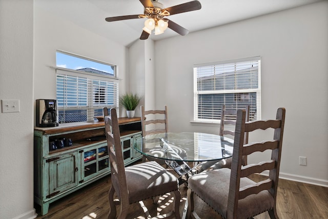 dining area featuring ceiling fan and dark wood-type flooring