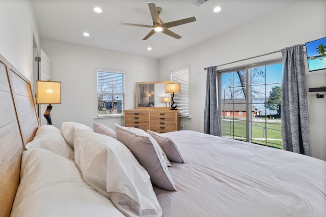 400 E Woodland Shores Dr, Point Blank, TX 77364 - bedroom featuring recessed lighting, multiple windows, and a ceiling fan