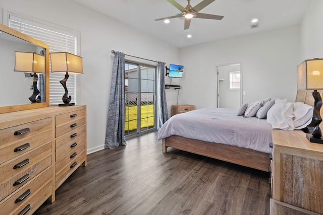 400 E Woodland Shores Dr, Point Blank, TX 77364 - bedroom featuring dark wood-style flooring, access to exterior, recessed lighting, and a ceiling fan