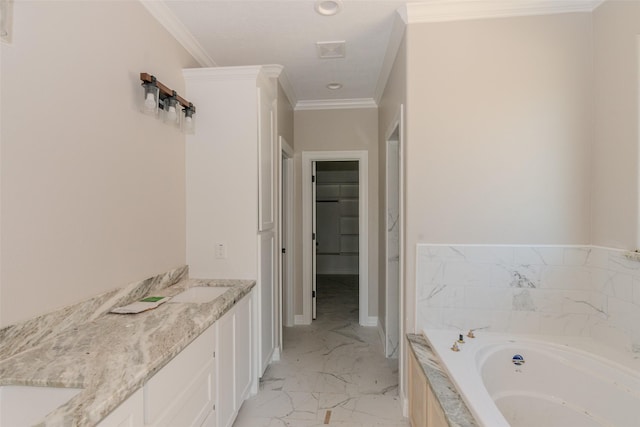 bathroom featuring vanity, a bath, and crown molding