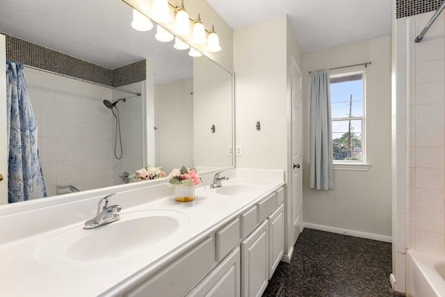 bathroom with vanity and shower / tub combo with curtain