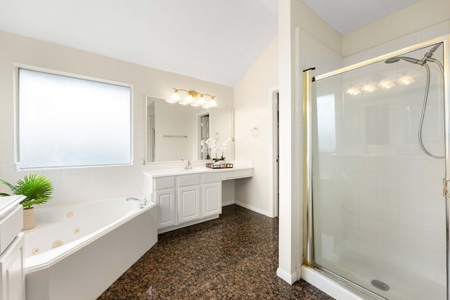 bathroom with lofted ceiling, plus walk in shower, and vanity