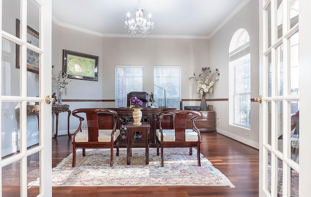 office featuring french doors, ornamental molding, dark hardwood / wood-style floors, and an inviting chandelier