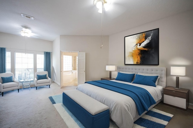 carpeted bedroom featuring ensuite bath and ceiling fan