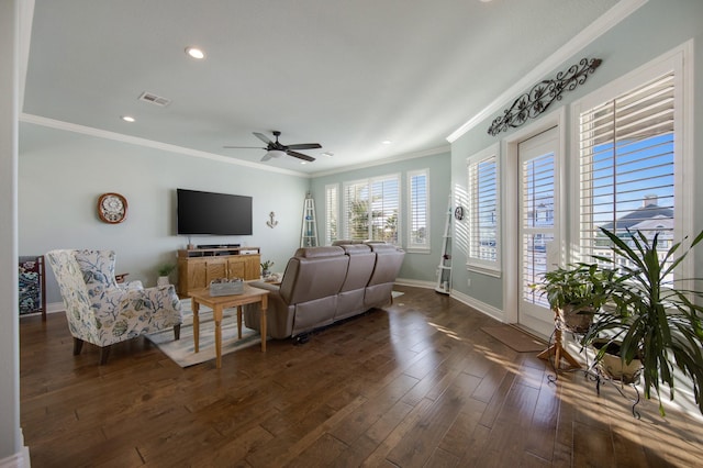 living room with visible vents, baseboards, dark wood-style floors, ornamental molding, and recessed lighting