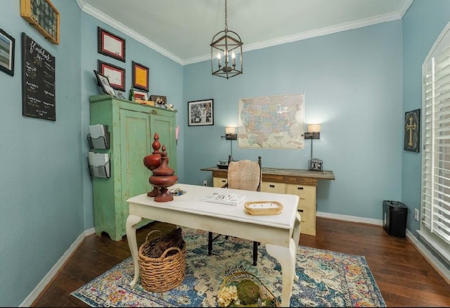 home office with dark hardwood / wood-style flooring, a chandelier, and ornamental molding