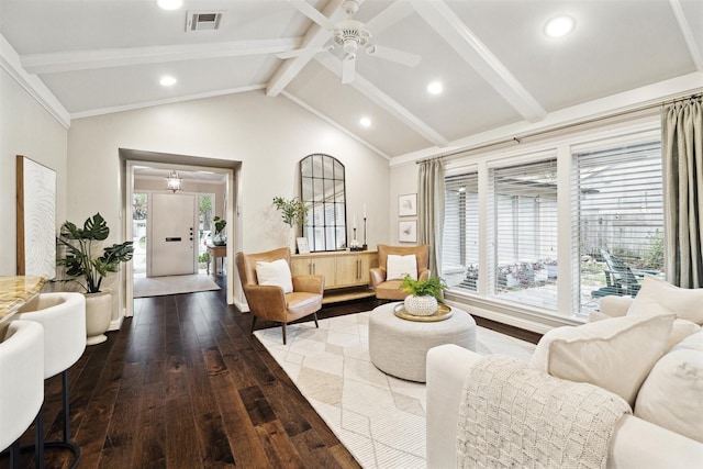 living room featuring hardwood / wood-style floors, lofted ceiling with beams, and ceiling fan