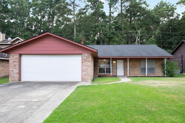 ranch-style house with a garage and a front lawn