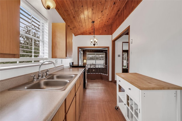 kitchen featuring sink, decorative light fixtures, a wealth of natural light, and wood ceiling