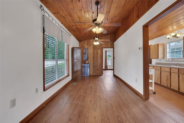 interior space with ceiling fan with notable chandelier, sink, light hardwood / wood-style flooring, wooden ceiling, and lofted ceiling