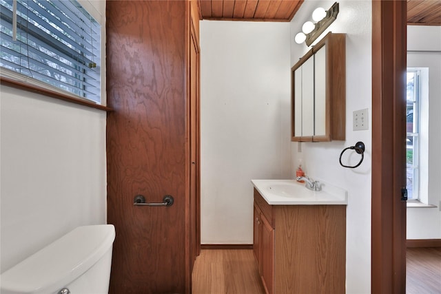 bathroom with hardwood / wood-style floors, vanity, toilet, and wooden ceiling