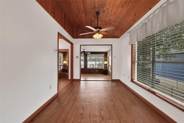 interior space featuring wood-type flooring, wooden ceiling, ceiling fan, and lofted ceiling