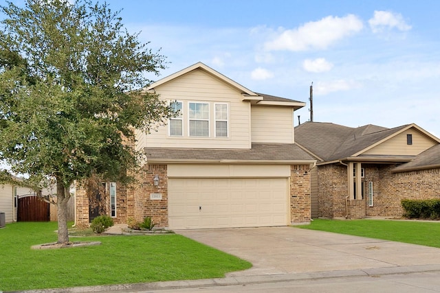 view of front facade with central AC unit, a garage, and a front lawn