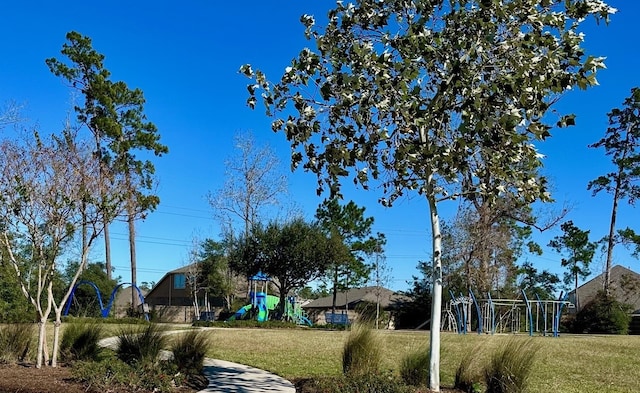 community jungle gym featuring a yard