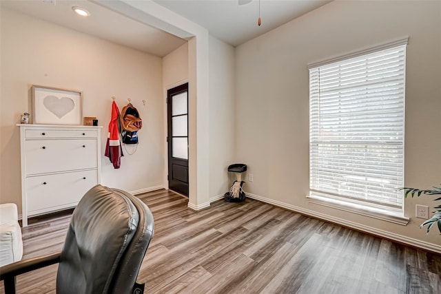 office area with ceiling fan, recessed lighting, wood finished floors, and baseboards