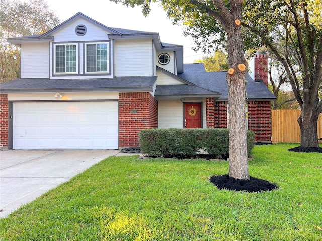 view of property featuring a front lawn and a garage