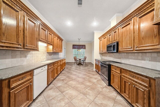 kitchen with ornamental molding, sink, decorative light fixtures, dishwasher, and range with electric stovetop