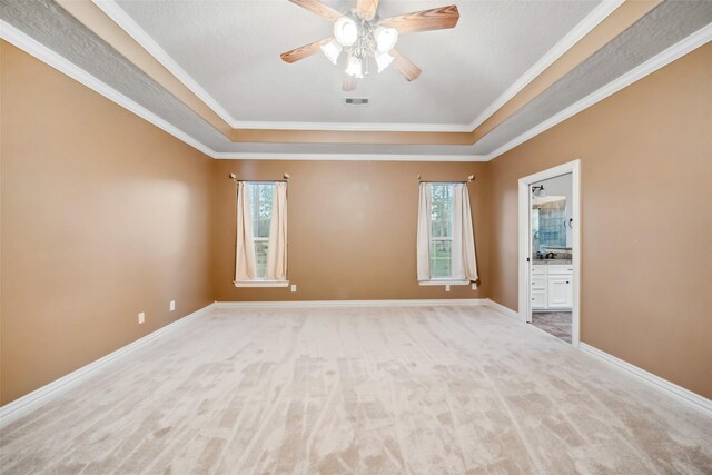 unfurnished room featuring light colored carpet, a raised ceiling, and ornamental molding