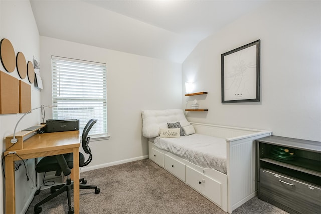 carpeted bedroom with multiple windows and vaulted ceiling